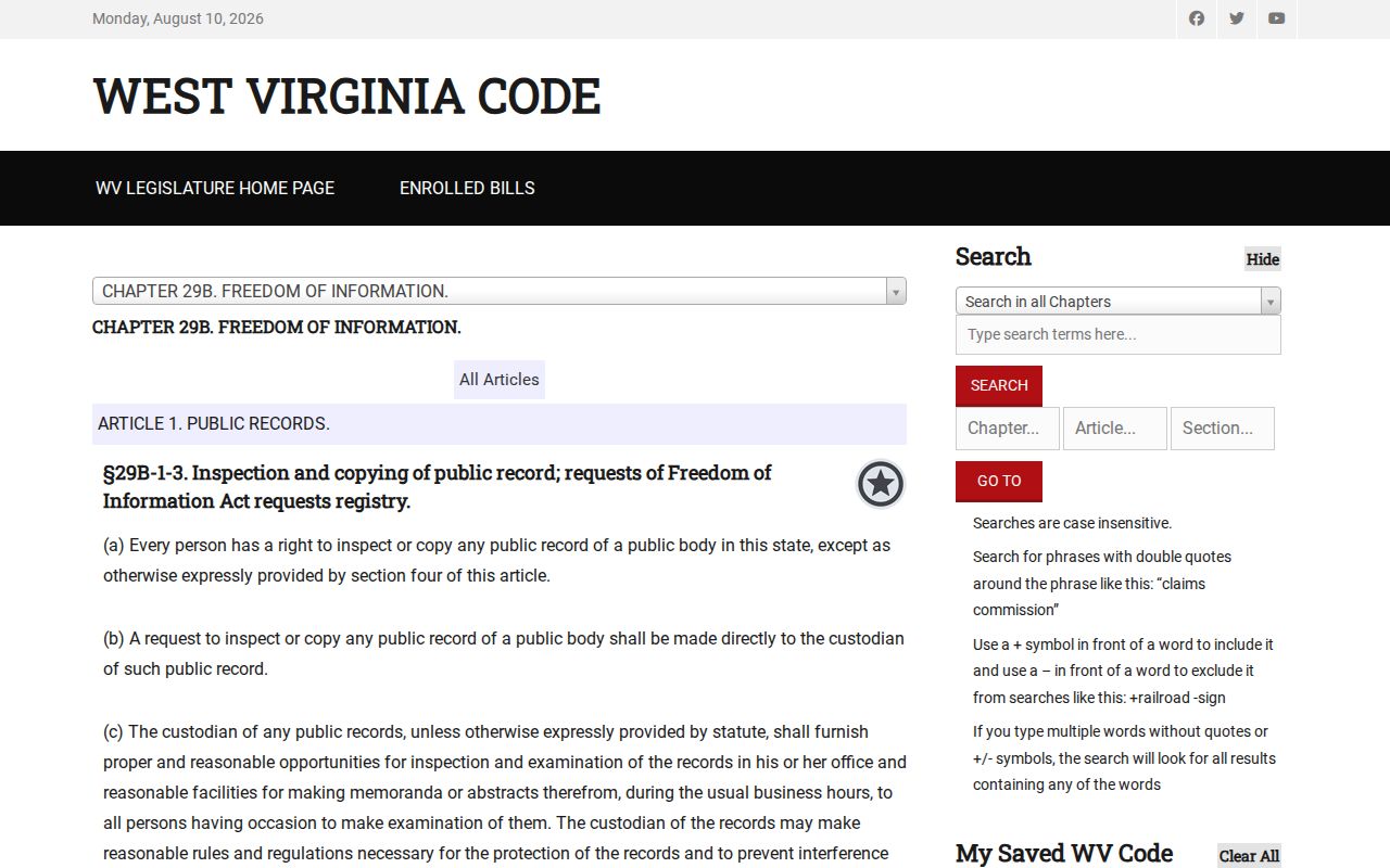 Morgan County criminal records West Virginia FOIA access law